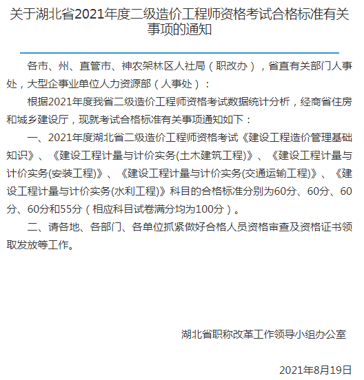 湖北2021年二級造價工程師考試合格標(biāo)準(zhǔn)公布